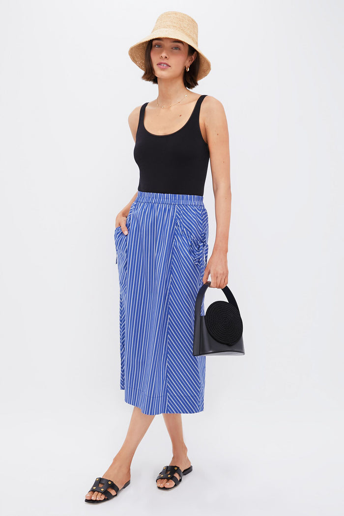 Dark Blue and White Kendall Play Stripe Midi A-Line Skirt
