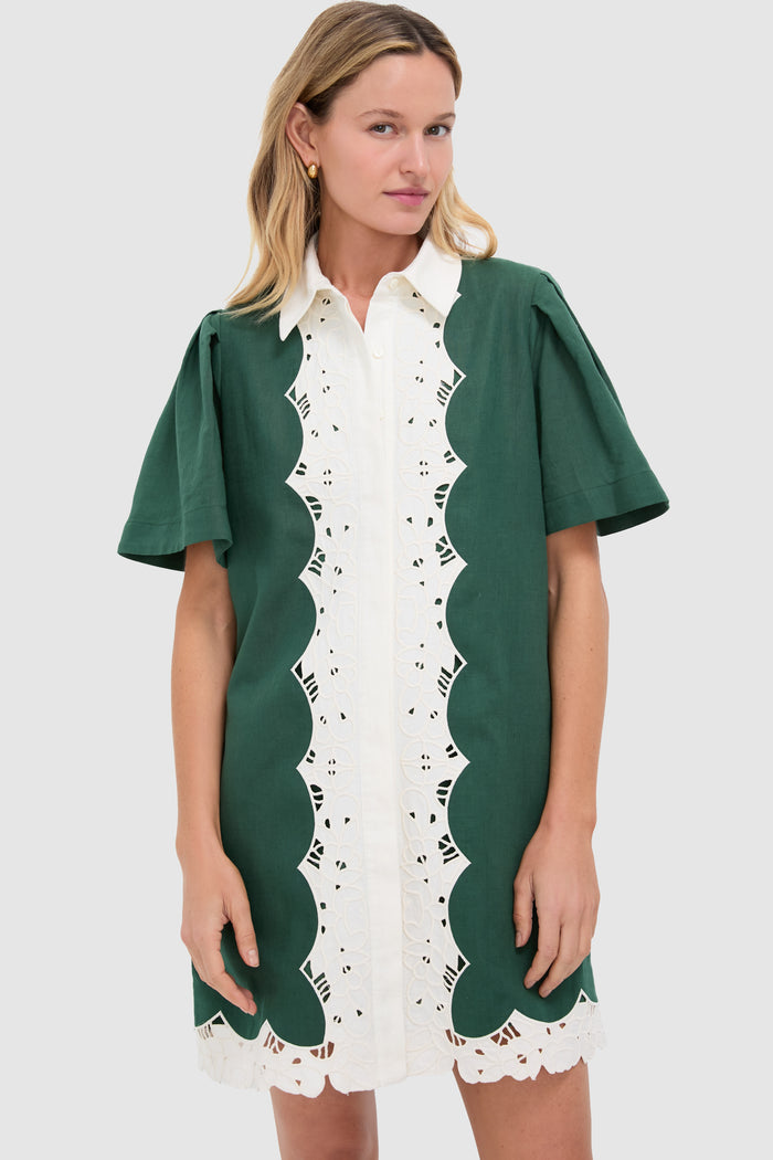 Dark Green Eyelet Trim Cotton Linen Delilah Dress