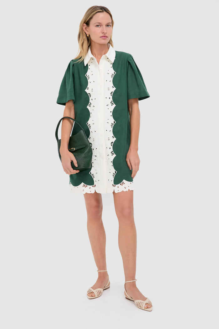 Dark Green Eyelet Trim Cotton Linen Delilah Dress