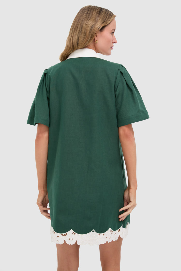 Dark Green Eyelet Trim Cotton Linen Delilah Dress
