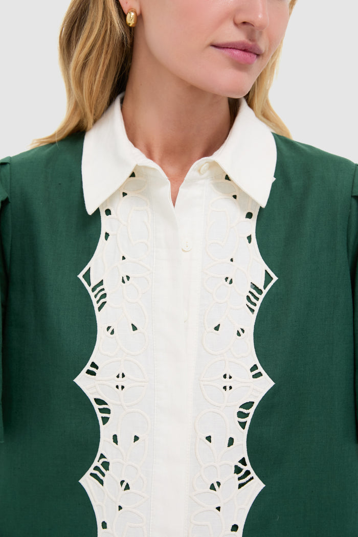 Dark Green Eyelet Trim Cotton Linen Delilah Dress