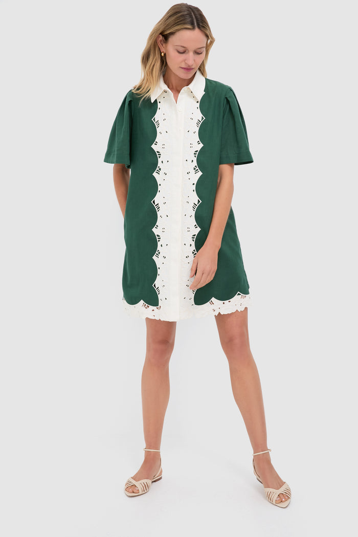 Dark Green Eyelet Trim Cotton Linen Delilah Dress
