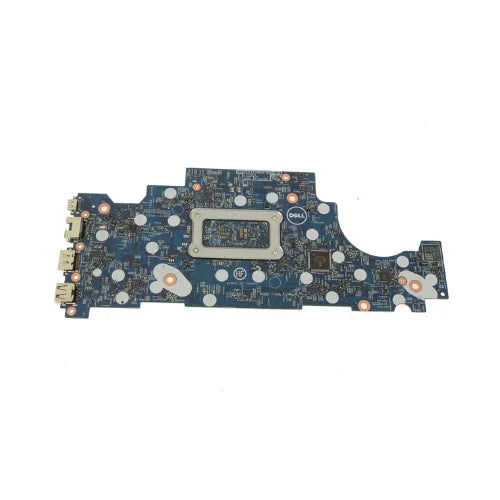 A blue refurbished Dell Latitude 3300 i5 8250U 1.6GHz motherboard (CMRW8) by Dell, with visible chips, connectors, and various ports along the edges. Multiple screw holes are also present.