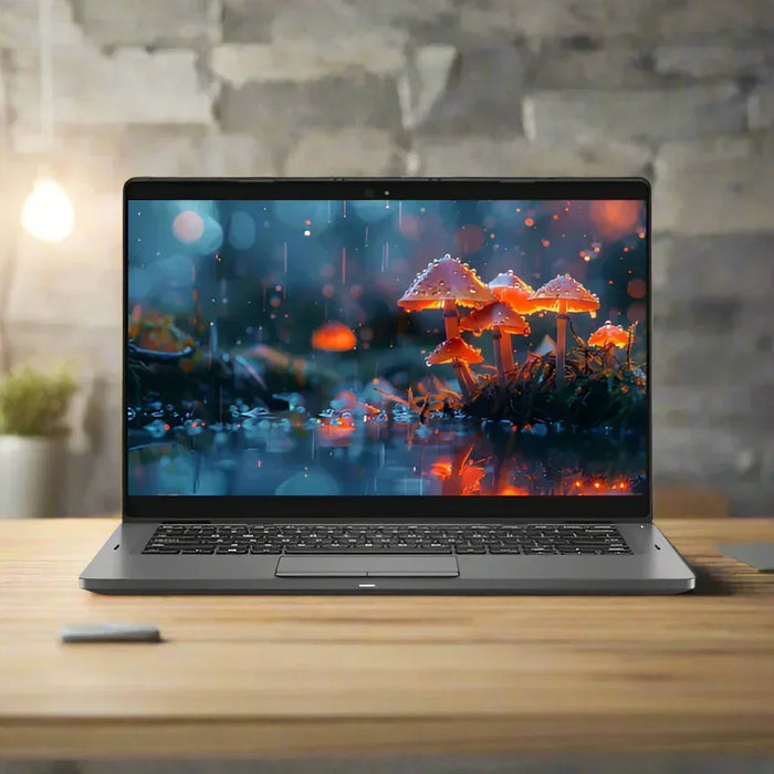 A certified refurbished Dell Latitude 5300 2-in-1 i5 sits on a wooden desk, its 13.3" touch screen showing vivid orange mushrooms in a forest, with a gray stone wall and hanging light bulb blurred in the background.