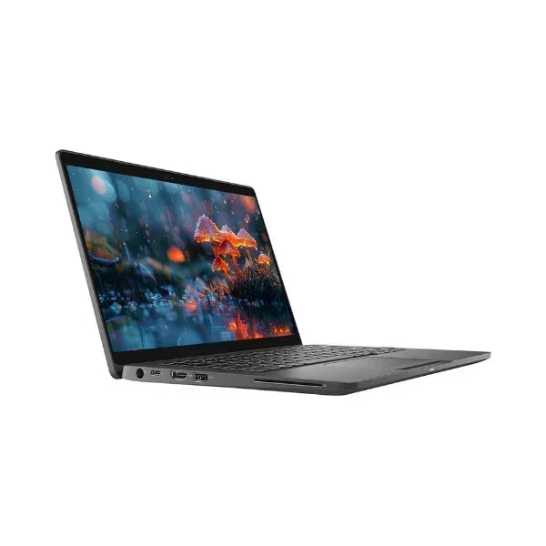 A slim, black Dell Latitude 5300 2-in-1 laptop is shown from the left with its 13.3" touchscreen open, displaying a vibrant blurred nature scene with orange mushrooms and raindrops. Several side ports are visible.