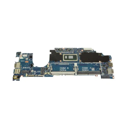 The Dell Latitude 5300 2-in-1 i5 8265U 1.6GHz Motherboard (RNH4K), refurbished, features visible DIMM A and B RAM slots, various chips and connectors, all on a blue PCB. Brand: Dell.