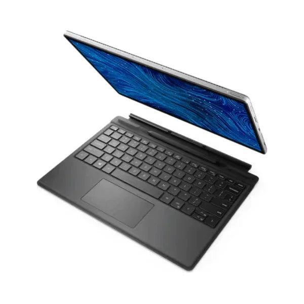 A black Dell Latitude 7320 Detachable 13.3" tablet with 256GB SSD, 16GB RAM, and i5-1140G7, shown with its screen floating above the keyboard displaying blue patterns, set against a white background.