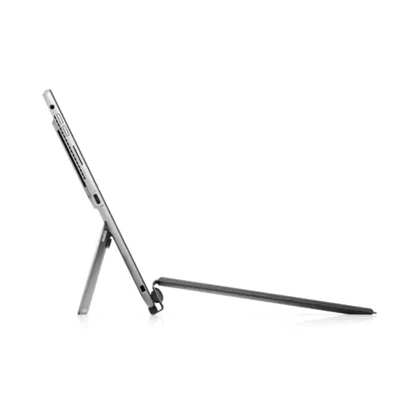 Side view of a slim, silver Dell Latitude 7320 Detachable 13.3" tablet (256GB SSD, 16GB RAM, i5-1140G7, Win 11 Pro) with kickstand extended and stylus in front, showcasing the versatility of this refurbished Dell 2-in-1 device.