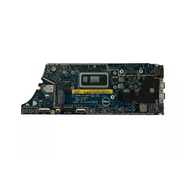 A close-up of a refurbished Dell Latitude 7410 i7-10610U motherboard (8GB, YX7GT) by Dell, showing electronic components, circuits, and connectors on the blue board.