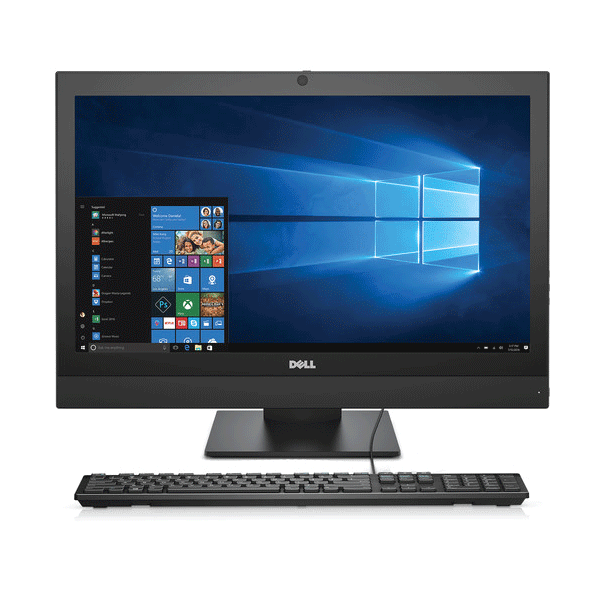 A certified refurbished Dell Optiplex 7450 AIO with Intel i5-6600, 8GB RAM, 256GB SSD, WiFi, and a 23.8 display is shown running Windows 10 Pro, accompanied by a black wired keyboard in front of the monitor.