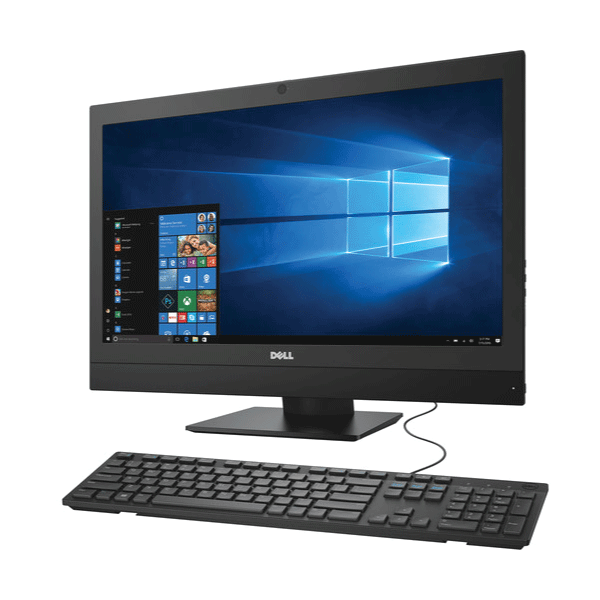 A certified refurbished Dell Optiplex 7450 AIO with Intel i5-6600, 8GB RAM, 256GB SSD, WiFi, and a 23.8 display shows Windows 10 Pro on screen, with included black keyboard and mouse on a white background.