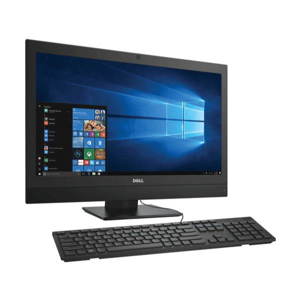 A certified refurbished Dell Optiplex 7450 AIO desktop (i5 6600, 8GB RAM, 256GB SSD, WIFI, 23.8 display) shows the Windows 10 Pro home screen with a black keyboard in front. Brand: Dell.
