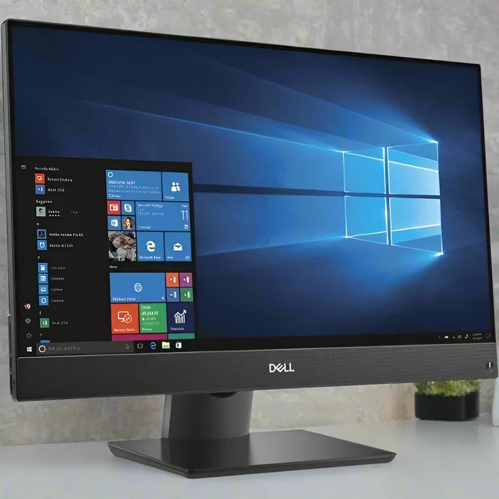 A Dell Optiplex 7460 AIO with i5-8500, 8GB RAM, 240GB SSD, and 23" touch display sits on a desk against a light wall. The Windows screen is shown, with a small potted plant partially visible in the background.