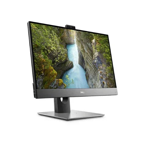 A Dell Refurbished OptiPlex 7480 AIO with Intel i5-10500, 8GB RAM, and 256GB SSD is shown on its sleek silver stand. The 23 thin-bezel display features a scenic canyon river image. Certified refurbished, it runs Windows 11 Pro.