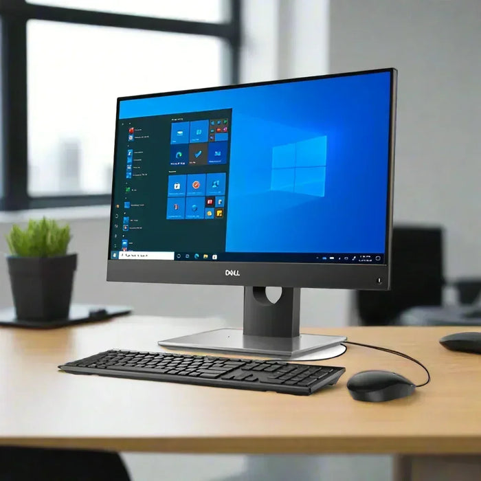 A Dell Refurbished OptiPlex 7490 AIO with 23 display, i5 11500, 16GB RAM, 512GB SSD, and Windows 11 Home is set up on a wooden desk in a modern office with keyboard, mouse, and a small plant.