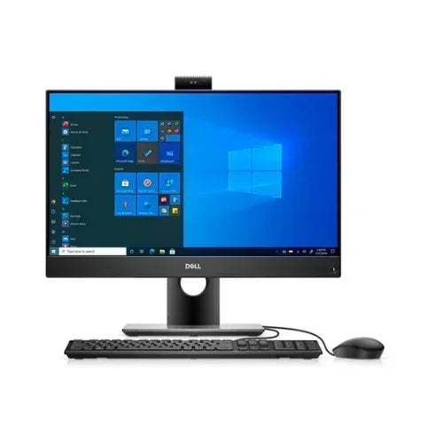 A Dell Refurbished OptiPlex 7490 AIO with Intel i5-11500, 16GB RAM, 512GB SSD, WiFi, and a 23 monitor displays Windows 11 Home; includes black keyboard and wired mouse on a white background.