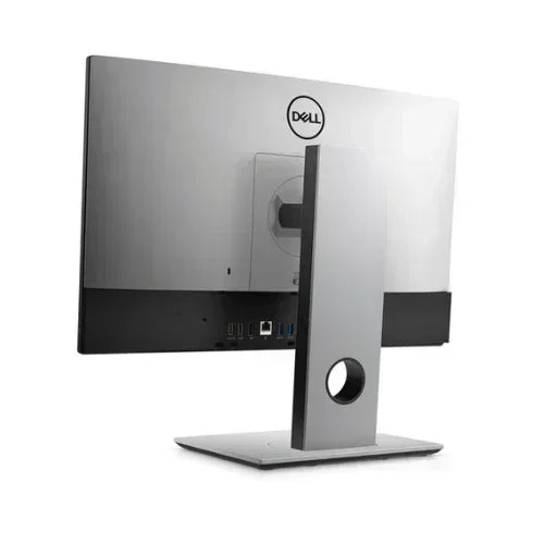 A rear view of the Dell Refurbished OptiPlex 7490 AIO shows ports, a silver stand with circular cable management, and the Dell logo—ideal for running Windows 11 Home on its 23 display.