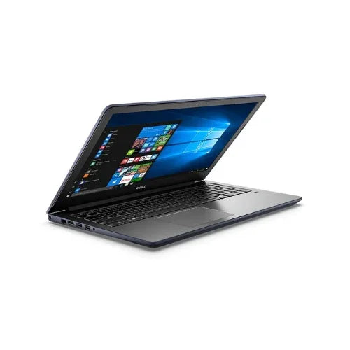 A certified refurbished black Dell Vostro 5568 laptop with Intel Core i7-7500U, 8GB RAM, 256GB SSD, and a 15.6" display sits partially open on a white background, showing the Windows 10 Pro start menu. Includes keyboard, touchpad, ports, and 1-year warranty.