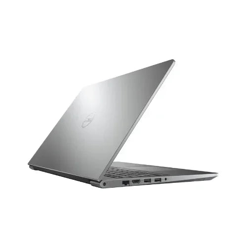 A certified refurbished Dell Vostro 5568 i7 7500U 2.7GHz 8GB 256GB 15.6" W10P laptop, partially open and seen from the back left, displays the Dell logo on the lid and several ports on its right edge. Includes a 1yr warranty.