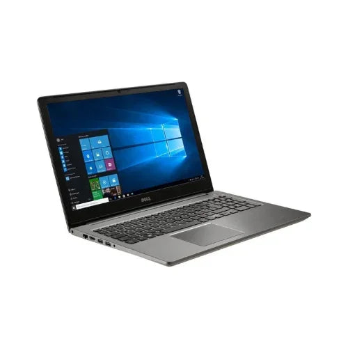 A silver Dell Vostro 5568 business laptop (Intel i7-7500U, 8GB RAM, 256GB SSD, 15.6", Windows 10 Pro) is open at an angle, showing the home screen and featuring a black keyboard, touchpad, side ports, and a 1-year warranty.