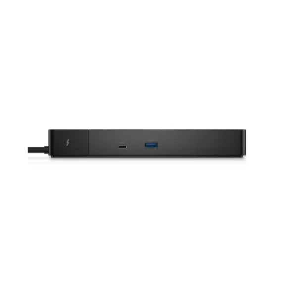 The Dell WD22TB4 Thunderbolt 4 Docking Station, a black rectangular device with attached Thunderbolt cable and front USB-C/USB-A ports, delivers seamless connectivity; shown against a white background.