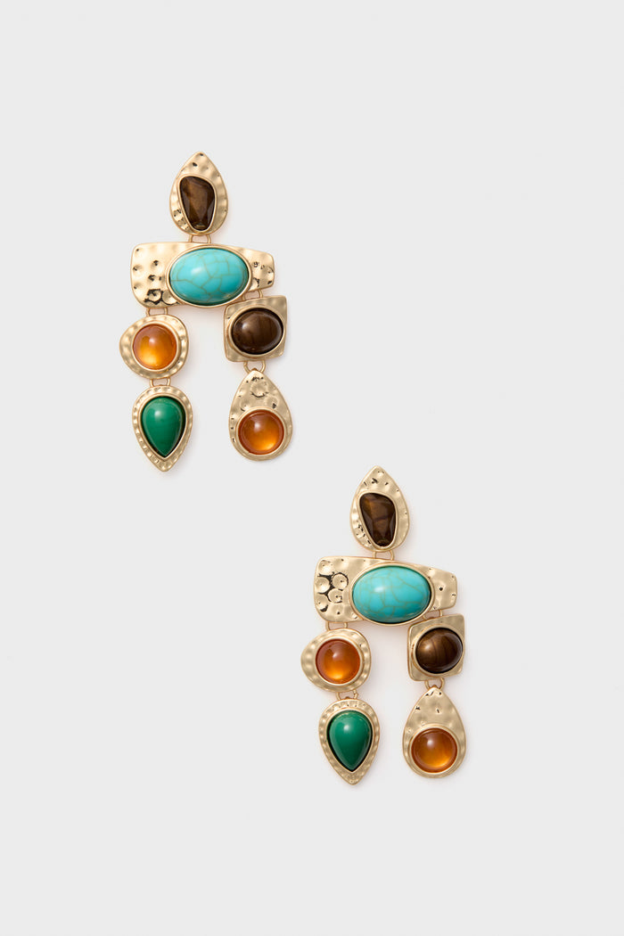 Petit Moments gold-plated drop earrings feature turquoise, amber, green, and brown resin stones in playful oval and teardrop shapes, reflecting a mod-art design.
