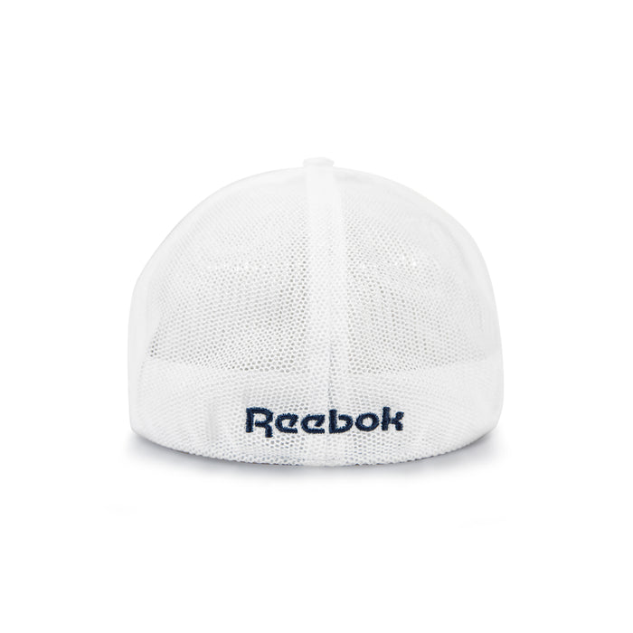 A white Reebok Elite Cap shown from the back, made with stretch mesh and featuring "Reebok" embroidered in dark blue above the bottom edge.