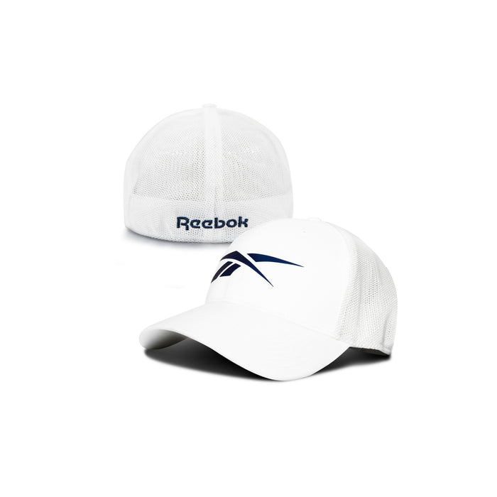 Two white Reebok Elite Caps are pictured: one shows the front with a navy Reebok logo, the other displays the back with "Reebok" in navy. Both performance-fitted caps have curved brims and structured crowns.