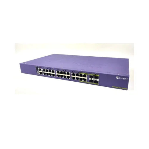 A purple Extreme X440-G2-24P-10GE4 PoE+ 24-Port Managed Switch by Extreme with front indicator LEDs, shown on a white background.