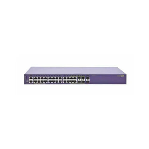 A certified refurbished Extreme X440-G2-24P-10GE4 PoE+ 24-Port Managed Switch by Extreme, featuring multiple front Ethernet ports in a purple rectangular chassis, shown against a plain white background.