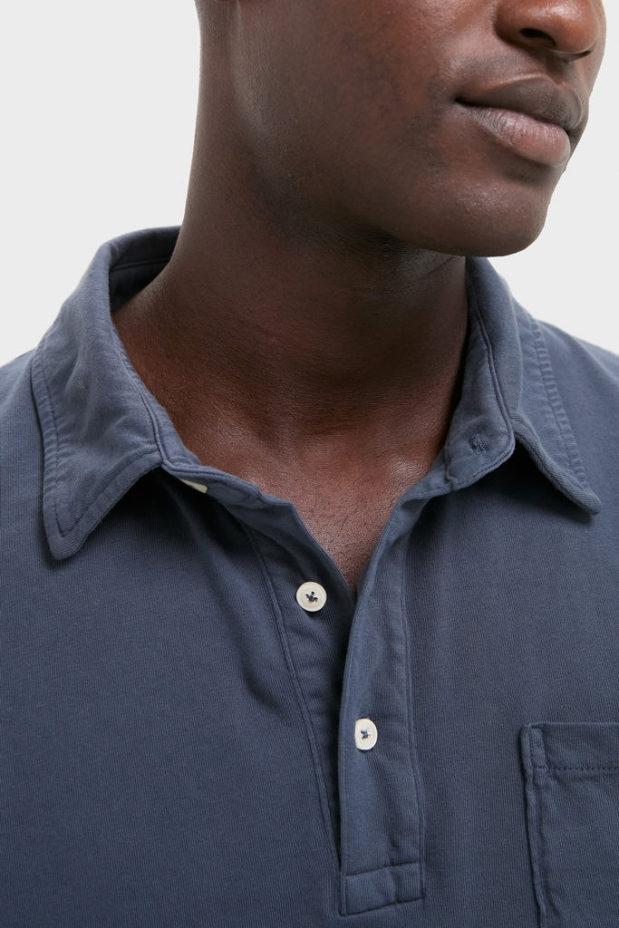 Classic Faded Navy Garment Dyed Long Sleeve Polo, effortless and high-end with a chest pocket and two-button front, perfect for fun, versatile wear.