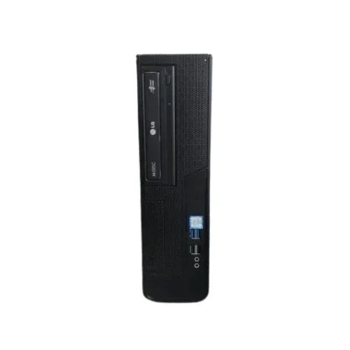 A front view of a certified refurbished black GIGABYTE desktop computer tower with DVD drive, USB ports, audio jacks, power button; features Intel Core i3-6100 3.7GHz CPU, 8GB RAM, 120GB SSD on a Gigabyte H110M SFF board; isolated on white.