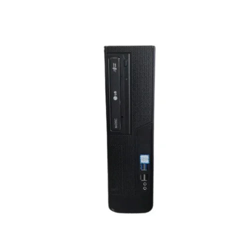 A black GIGABYTE H110M-S2PV SFF desktop, certified refurbished, with Intel Core i3-6100 3.7GHz, 4GB RAM, 120GB SSD, and optical drive; features USB ports and power button on the front panel. Isolated on white background.
