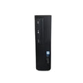 A black GIGABYTE H110M-S2PV SFF desktop, certified refurbished, with Intel Core i3-6100 3.7GHz, 4GB RAM, 120GB SSD, and optical drive; features USB ports and power button on the front panel. Isolated on white background.