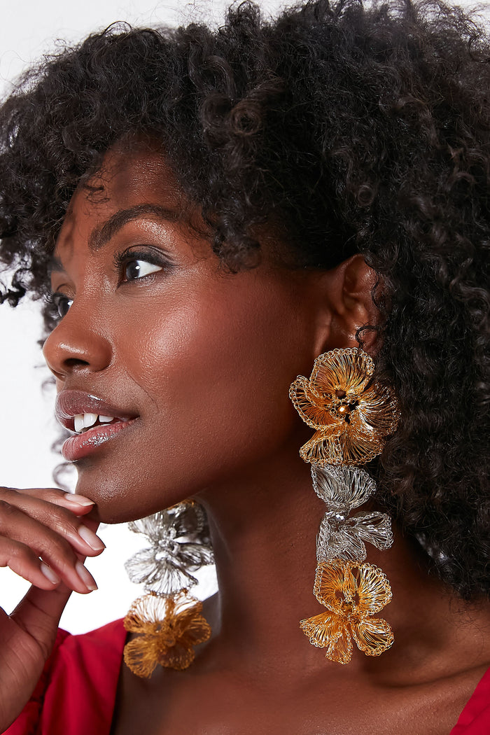 Gold and Silver Floral Triple Drop Earrings