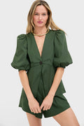 Green Solid Puff-Sleeved Blouse