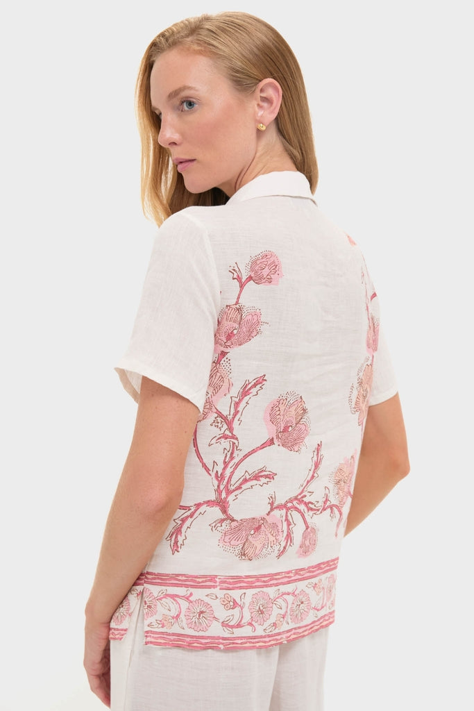 Hibiscus Bloom Pink Gabriella Shirt: Classic, effortless design with intricate floral detailing and hand-stitched trim, exuding high-end, fun style. Perfect for a relaxed, summery look.