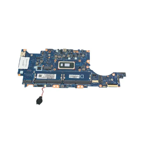 An HP EliteBook 840 G7 i5-10210U 1.6 GHz Motherboard (M08557-601, certified refurbished) by HP is shown with various connectors and components, including a small battery, set against a white background.