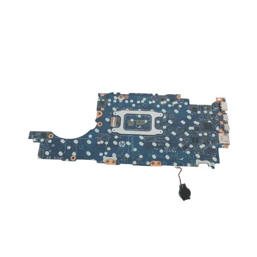 An HP EliteBook 840 G7 i5-10210U 1.6 GHz Motherboard (M08557-601, certified refurbished) with connectors and circuit pathways, plus a small black wired component, is shown on a white background. Brand: HP.