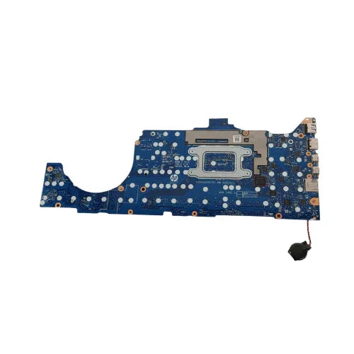 An HP EliteBook 850 G8 i7-1185G7 3GHz Motherboard (M35810-601, certified refurbished) by HP, featuring various connectors and a small battery, displayed isolated on a white background.