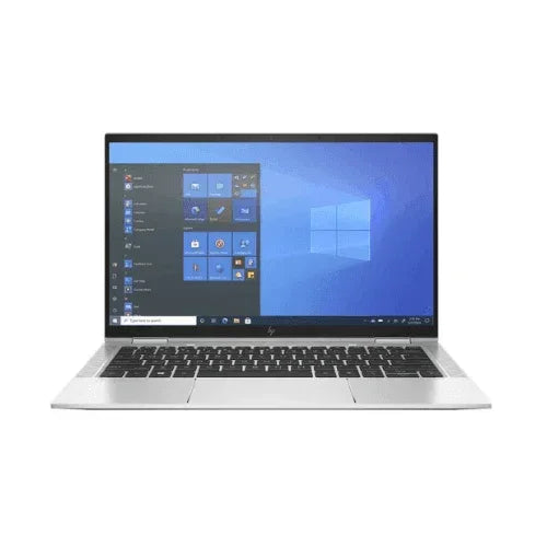 A refurbished HP EliteBook X360 1030 G8 (i5-1135G7, 16GB RAM, 256GB SSD, 13.3" Touch) displays Windows against a white background. The high-performance HP laptop features a black keyboard.