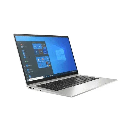 A slim silver refurbished HP EliteBook X360 1030 G8 with black keyboard, open to Windows 11 Pro, is viewed from the left side. Visible ports highlight the HP laptop’s versatile connectivity and high performance (i5-1135G7, 16GB RAM, 256GB SSD).