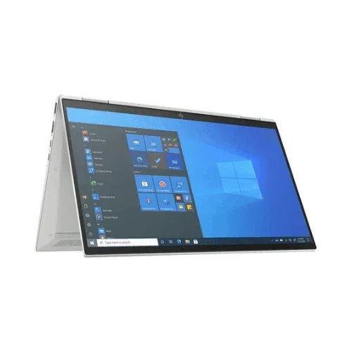 A refurbished HP EliteBook X360 1030 G8 i5 1135G7 13.3" Touch is in tent mode, displaying Windows on its screen. The high-performance HP laptop with 16GB RAM and 256GB storage stands against a plain white background.