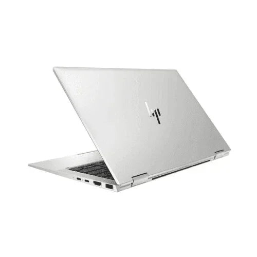 A refurbished HP EliteBook X360 1030 G8 featuring an Intel i5-1135G7, 16GB RAM, and 256GB SSD is shown partially open from the back-left, displaying its sleek design, black keyboard, and side ports. The HP logo shines on the lid.