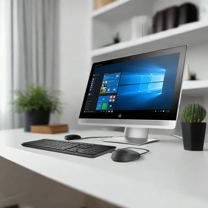 An HP EliteOne 800 G2 All-in-One desktop (i7-6700, 8GB RAM, 1TB, 23, R9 360, Windows 10 Pro) with keyboard and mouse sits on a white desk; potted plants decorate the background shelves.