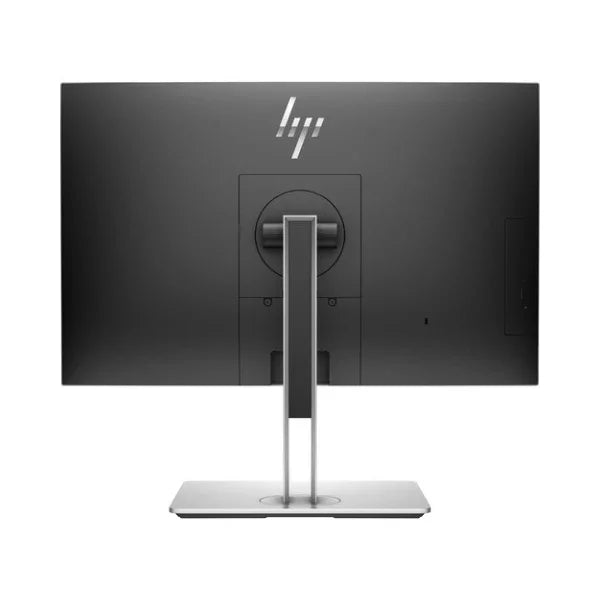 Rear view of a black HP EliteOne 800 G3 All-in-One (i7 7700, 16GB, 256GB, RX460) with a silver stand and HP logo at top center, showing rear ports—23.8 display designed for easy productivity.