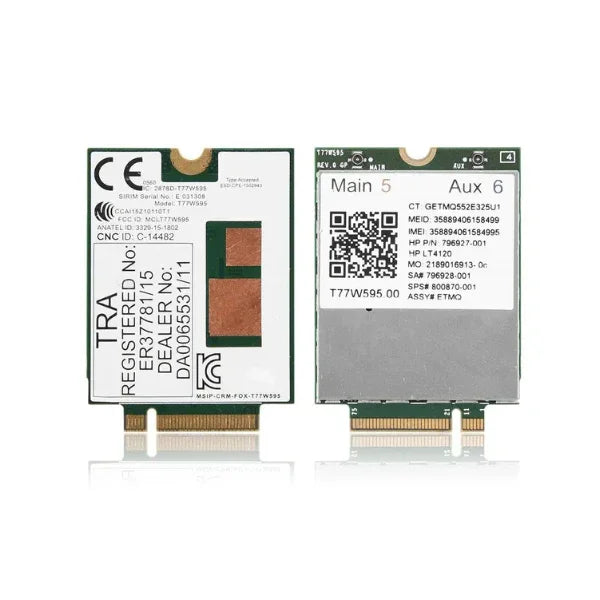 Two green HP LT4120 T77W595 796928-001 4G WWAN M.2 Modules with gold connectors and white barcode labels stand upright side by side against a white background.