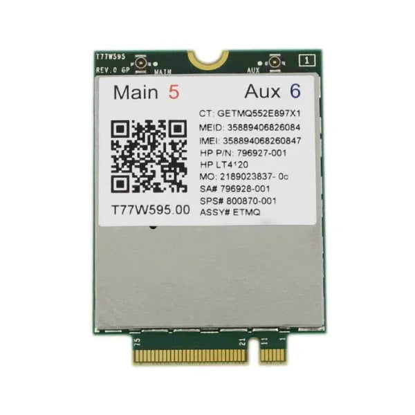 The HP LT4120 T77W595 796928-001 4G WWAN M.2 Module features gold connectors, Main 5 and Aux 6 labels, and a QR code sticker for reliable high-speed internet access on the go.