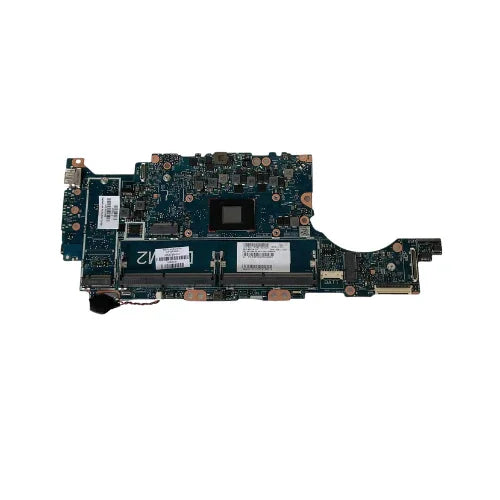 A certified refurbished HP 635 Aero G8 M52739-001 motherboard with AMD Ryzen R5 PRO 5650U, various chips and connectors, barcoded labels, from HP. Set on a white background for reliable performance.