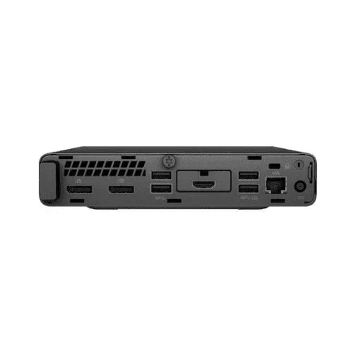 The image shows the back view of an HP ProDesk 600 G5 Mini (i5-9500T, 16GB RAM, 256GB SSD, WiFi) with various ports and ventilation grilles on a white background. Runs Windows 11 Pro.